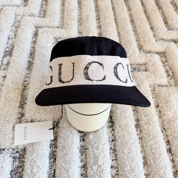 Gucci LOGO Black Canvas White Womens Cabardine Baseball Hat Cap S *Authentic - Picture 3 of 8